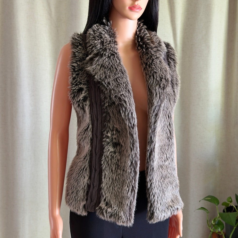 Vtg Y2K XOXO Brown Faux Fur Knit Back Vest Mob Wife Winter Boho Womens Size L